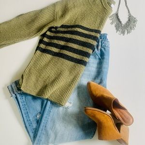 carly jean los angeles retro earthy green sweater with black stripes